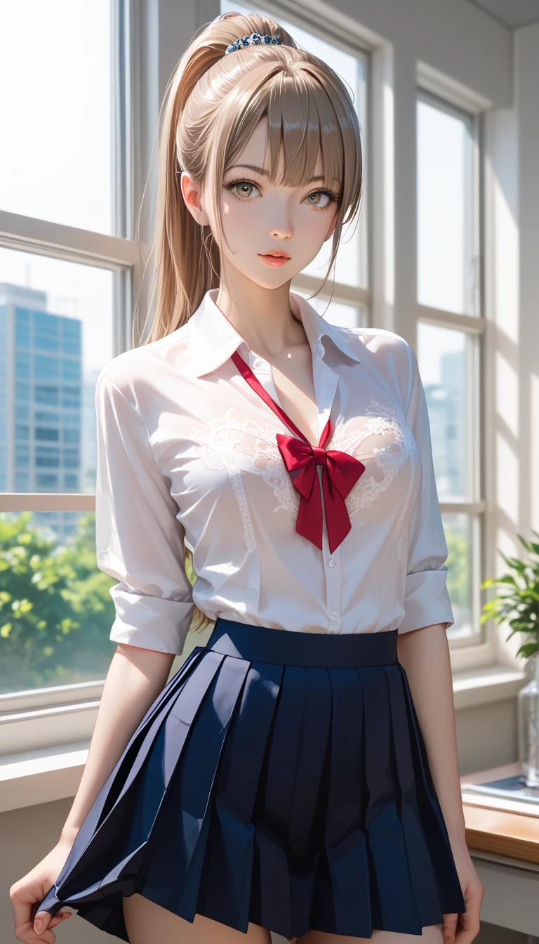 ((Tabletop, highest quality, High resolution, Hmph, Pixel perfect,  4K, Hmph, Hmph))), One Girl, single, alone, Beauty、The whole body is visible、 ((Mid-wave hair, bangs, Brown Hair)), ((Brown eyes, Beautiful eyelashes, Realistic eyes)), ((Detailed face, Blushing:1.2)), ((Smooth texture:0.75, Realistic texture:0.65, Realistic:1.1, Anime CG Style)), Medium chest, Dynamic Angle, Perfect body,  ((Red bow tie, , , White shirt, Black Skirt, Checked skirt))、Station stairs、the wind is strong、Very embarrassing panic smile、looked back、I can see her ass sticking out in front of me...........、Looking up from the bottom of the stairs、 (The wind blew up her skirt、Touch the skirt with both hands、、I can see the whole butt、Blue floral panties)、