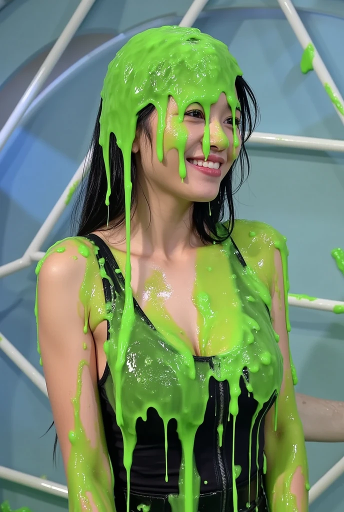 ((Best quality, 8k, Masterpiece: 1.3)), Sharp focus: 1.2, A beautiful woman with perfect body sitting on a stage,  Slim abdomen: 1.2, ((Layered haircut, Large breasts: 1.2)), (no bra) (Small) ((Green slime falling down)) high quality, best quality, masterpiece, 1girl, smile, long hair, stage, Tv game show, attractive brunette, slimed woman, ((green slime falling on her hair and face)), woman sitting on a chair, laughing crowd, shallow depth of field, large audience, Slimed, woman, shocked, photorealistic, full length, bright studio, crowd behind.