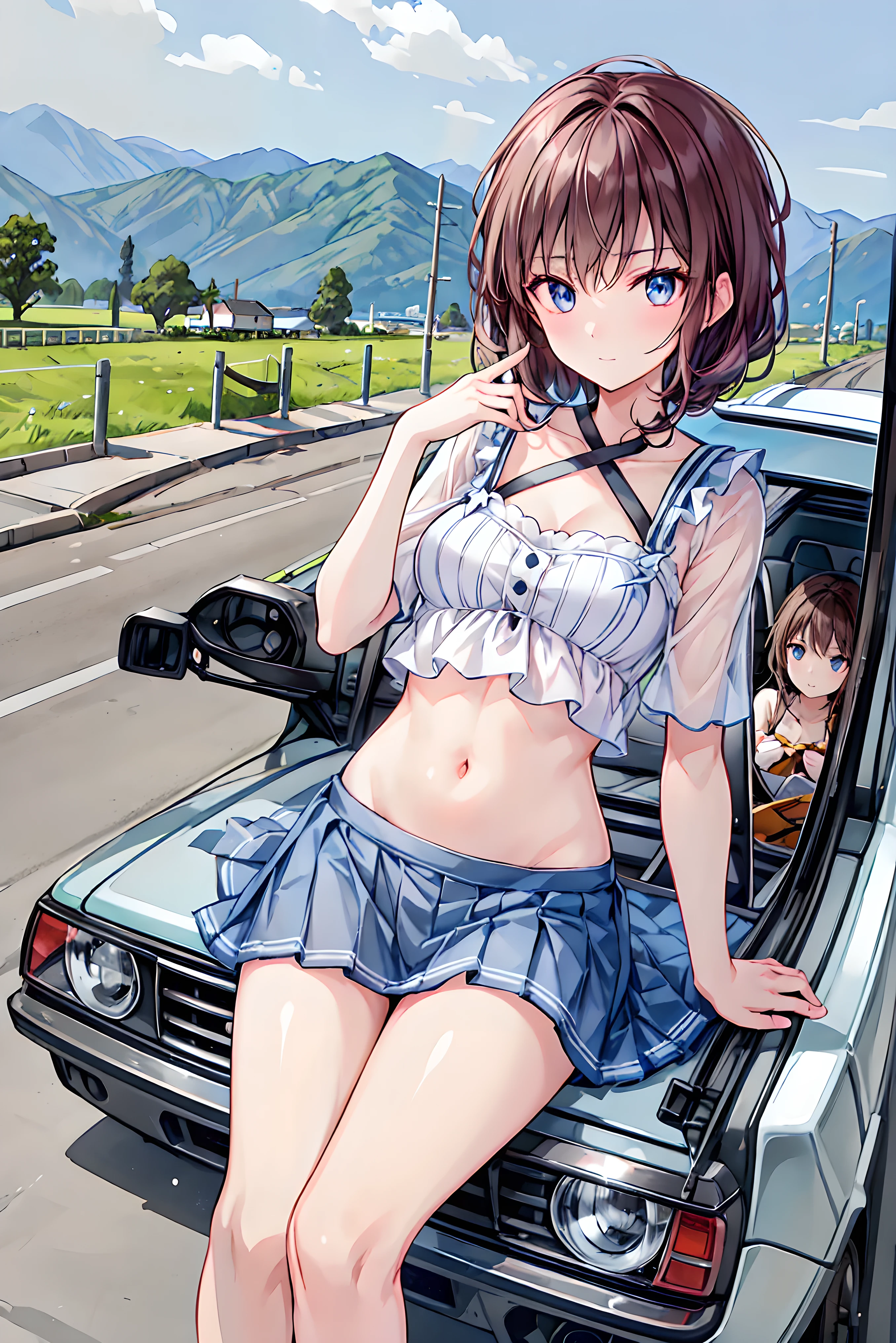 (((masterpiece, Highest quality, High resolution, 超High resolution, Perfect Pixel, Depth of written boundary, 4K, RTTX 10.0))), Beautiful Anime Woman, Beautiful art style, Anime characters, ((Smooth texture, Realistic texture, Anime CG Style)), Exact finger count、Exact number of legs、(Exact number of arms:1.0, Exact number of hands:1.0), (Perfect hands, Perfect Anatomy), Cinematic, Realistic, Extremely detailed CG, Daytime lighting, Perfect lighting, Best Shadow, The best natural light, whole body, Perfect body, バランのとれたPerfect body, Perfectly balanced style, Slender body, ((bangs, Reddish brown hair, Bobcut)), ((A pretty adult woman is standing in a sexy pose in front of a car:1.8)), (pussy juice:1.5), ((Bow tie around neck:1.3), (Sexy and cute white underwear:1.3), (Stylish shiny white satin panties, Side-tie panties, Panties with plain white center and lace decoration on the sides:1.3), (Thin panties with red ribbon:1.3), (White micro lace satin bra, White bra with lace trim, Thin bra with red ribbon:1.3), (garter belt, Garter Strings, Knee socks:1.3):1.3), (Beautiful big , Cleavage:1.1), (Embarrassed expression:1.7), blush, (motor Show, Car Events, Cars on display, Show car in the background, Many visitors in the background, Crowded venue, People around me are taking pictures with their cameras々:1.7), naked, In underwear, (A headband with frills all over:1.3), A separate, precisely shaped car, Angle from the front