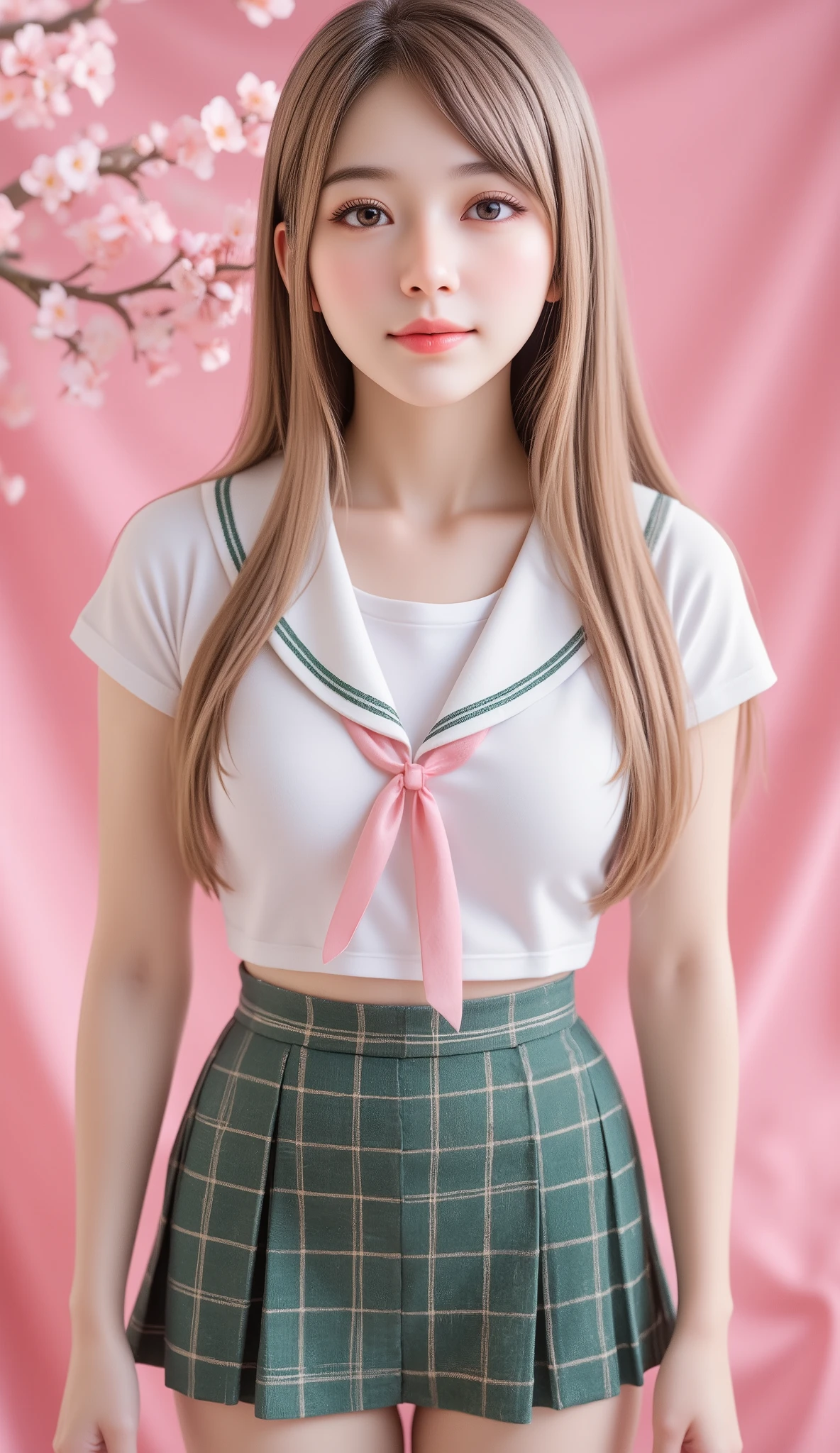 High Quality,8K,masterpiece,Professional illustration,Photo-like Background, Shoot from the front ,Maximize Face Detail,Maximum Detail Texture,Maximum Detail Shadow,Maximum Detail Background,Maximize Face Detail, Pink Background ,outdoor,cherry blossom tree,Smile,Long hair,Blonde Girl,Brown Eyes,Fine Hair Expression,Eyes shine ,Japanese Girls,pink ribbon,sailor suit,Green Plaid Mini Skirt, Slender beauty ,Slim fit style ,Maxi