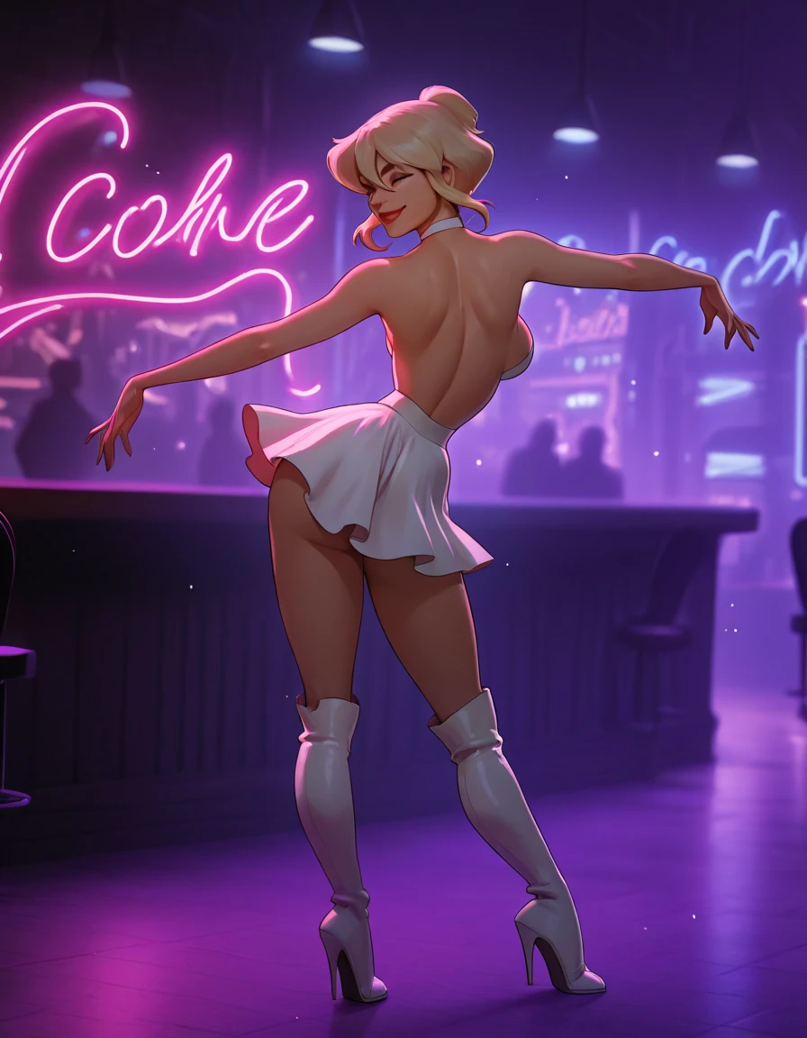a woman in a white skin-tight dress, elegant pose, inspired by Kim Deuk-sin and Gao Cen, wlop glossy skin, elegant pose, a blend of Aeon Flux and futuristic attire, inspired by Sim Sa-jeong, blonde hair, sexy, digital artwork, thick lineart, best quality, 4k, 8k, highres, masterpiece:1.2, ultra-detailed, realistic, photorealistic:1.37, HDR, UHD, studio lighting, ultra-fine painting, sharp focus, physically-based rendering, extreme detail description, professional, vivid colors, bokeh, ((closed eyes))