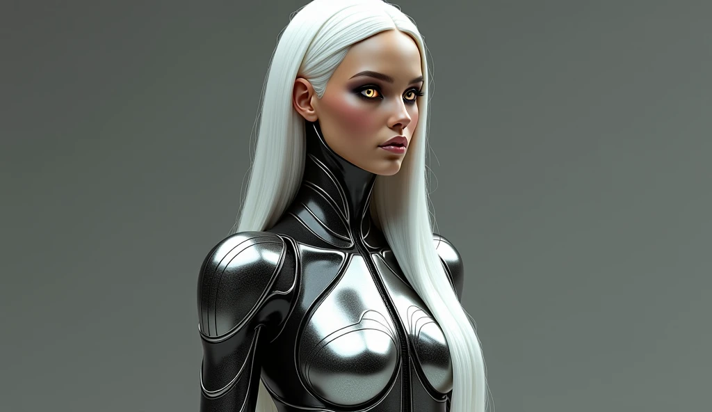 A full-body image of a futuristic female figure standing upright, with her hands placed confidently on her hips. She combines the elegance of a South American model with advanced AI characteristics. Her entire body is slender and features a design that merges technology with human beauty. Her skin has a metallic tone with a sophisticated pattern in silver and black, seamlessly integrated to form her clothing, as if her skin itself is her attire. Geometric lines interlace in a design reminiscent of ultra-modern armor, covering her body from head to toe. Her face retains a more natural skin tone resembling that of a South American model, blending with the metallic textures around it, creating a striking contrast between human and AI elements. Her hair is long, straight, and pure white, falling softly around her face and down her back, contrasting strongly with both the natural and metallic tones. Her eyes reflect advanced artificial intelligence, glowing with a metallic hue that suggests her analytical capabilities and connection to cutting-edge technology. The overall image is powerful and elegant, showing an entity that is both aesthetically beautiful and highly advanced, standing tall with her hands on her hips, visible from head to toe, with a perfect fusion of skin, technology, and clothing.