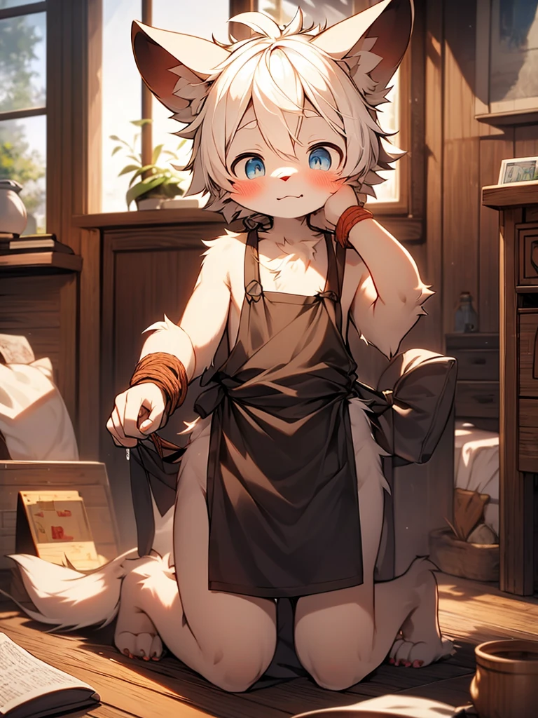 "Masterpiece,high qulity,abstract res,digitial painting(artwork of a),by Dagasi,Yupa,Kiyosan,anthro,Fluffy fur,Character focus:1.1,anthro male cat,Short hair,Portrait,eyes with brightness,in a panoramic view,Character focus,detailedbackground:0.7,独奏,shaggy,shaggy male,malefocus,anthr,Full Body Furry,Fluffy tail,White fur,Ice blue eyes,Gray hair:1.2,felid,Transparent apron:1.2,interiors、Bedrooms:1.1"