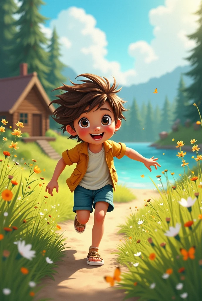 Boy playing in the yard of a ranch house 


