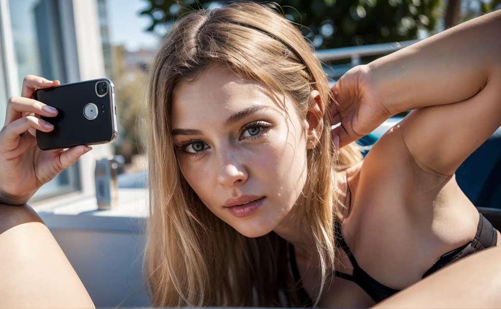 a young girl ,with a cute face ,blue eyes, Blonde both side ponytails,teal tops,navel,holding phone,teal pants