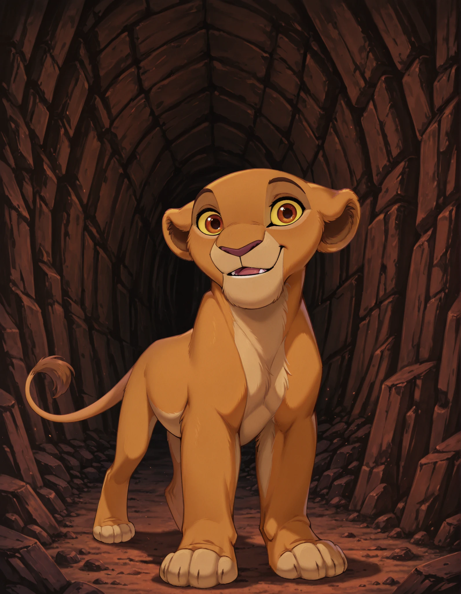 Kiara, Reddish-brown eyes, Yellow sclera, (solo:1.3), the lion king, lioness, young nala, nala, feral, cartoon, smile, parted lips, blue eyes, yellow sclera, standing, solo, cute, feral, 4 toes, paws, blue eyes, lidded eyes, cub, smile, open mouth, fang, white teeth, playful, looking at viewer, dewclaw,, bedroom eyes, raised tail, savanna