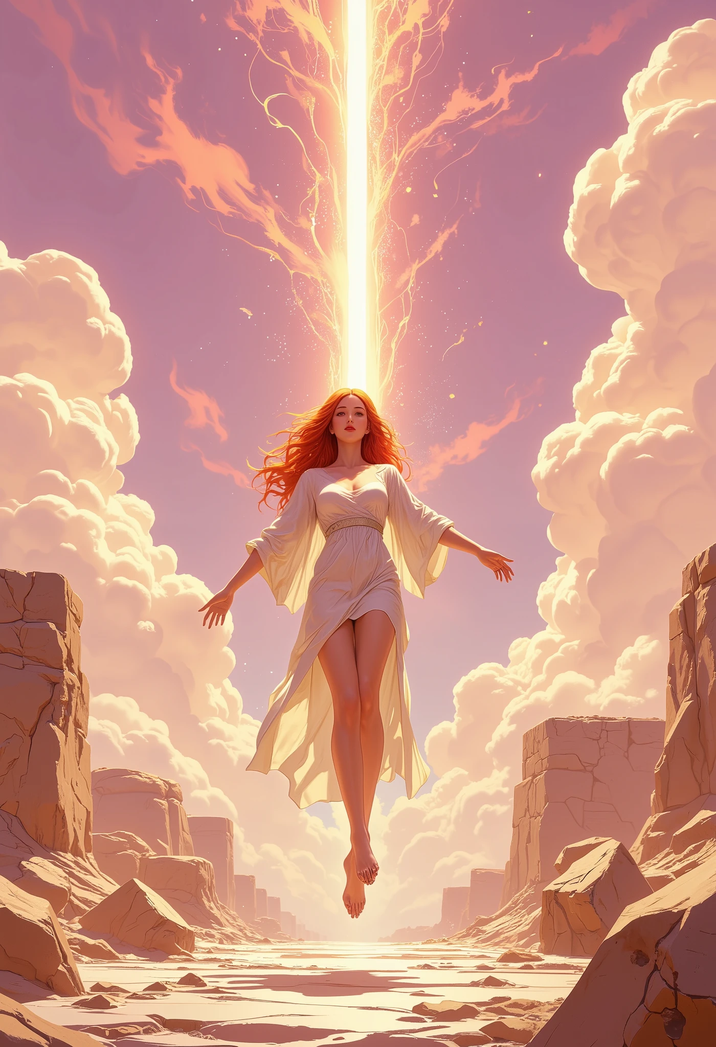 ( Main image a red-haired goddess), ( action or pose epic landing ), (Environment between clouds and stony ground), ( semi-realistic art style ), (pink pastel color palette, clear, brilhante), ( LIGHTING TYPE ISO, vertical light , from top to bottom, topo prata, half golden , white floor. ), (angle of the camera, vertical from bottom to top, viewer's view looking from below ), (Optional details, open arms, legs in perspective , Bottom view.), ( ultra HD quality), ( horizontal screen ratio seen from below)