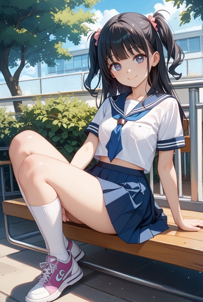 Park after rain large puddles Elementary school girl 8-year-old Large Breasts Black Hair Long Hair The eyes are purple smile ((1 person)) Wear a cardigan over a white long-sleeved sailor uniform Navy blue mini skirt White panties White socks Sports boots Crouch in front of a puddle((White pantiesが見える)) from the front Dynamic Angle Upper Body Center