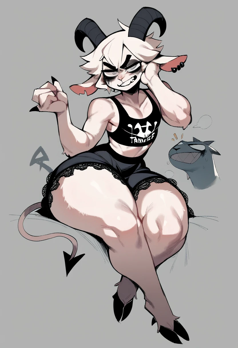 high quality, high res, outline, , mouse, rodent, female, by whygena, reggie_(whygena furry), , wide hips, flat colours, outlines, lines, huge thighs, white body, pink rat tail, white hair, short asymetric hair, green eyes, long eyelids, eyes looking down at , cheek tuft, black sport bra, sport shorts, black sport clothes, flat snout, small snout, asymetric hair, blush on face, underboob , huge breasts, huge thighs, hands up, girly wrist, 4fingers.