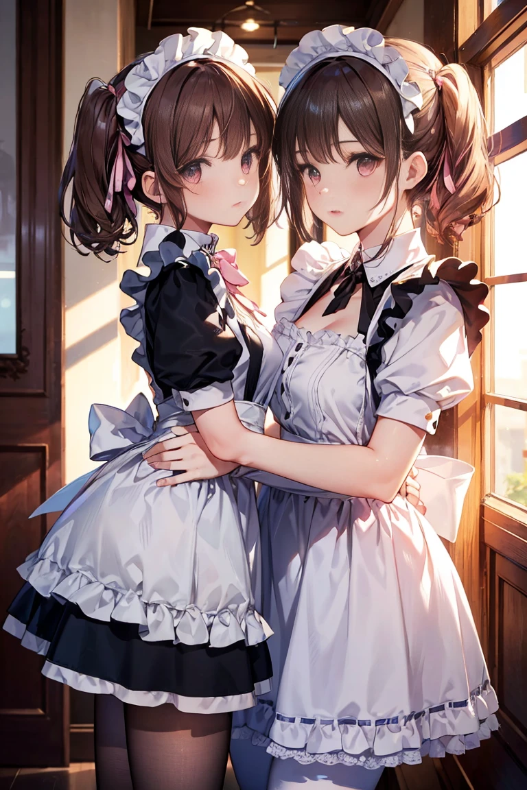 Best Quality, masutepiece, beautiful mature women、Beautiful face、Strong-minded woman、brown haired、(Brown-eyed)、Longhaire、Undersized eyes、(((Edwardian maid)))、Full body like、(((Hugging a bazooker)))