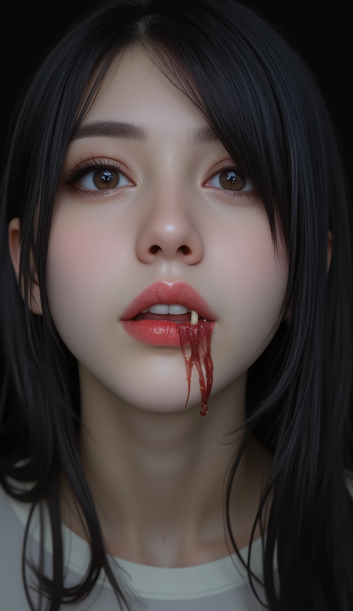 An outstanding piece of art , Extraordinarily rich detail , Dark eye detail ,woman,Half-length portrait,thick eyelashes, Dark atmosphere , Evil Smile ,Blood in the corners of the mouth ,Fangs, with intense gaze , The work of a visual master who attracts the eye。