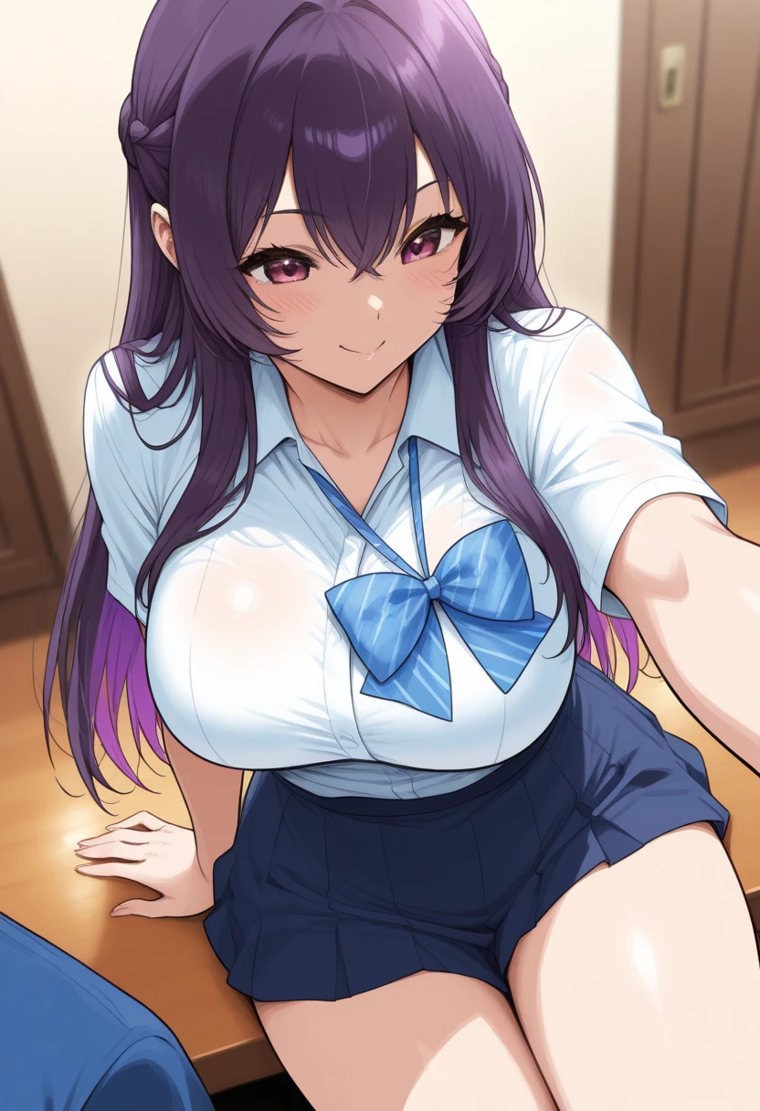 (love live! school idol project:1.15763), (love live!:1.15763), (toujou nozomi:1.15763), purple hair, green eyes, (large breasts:1.4), (long hair), (low twintails:1.3), smile,socks