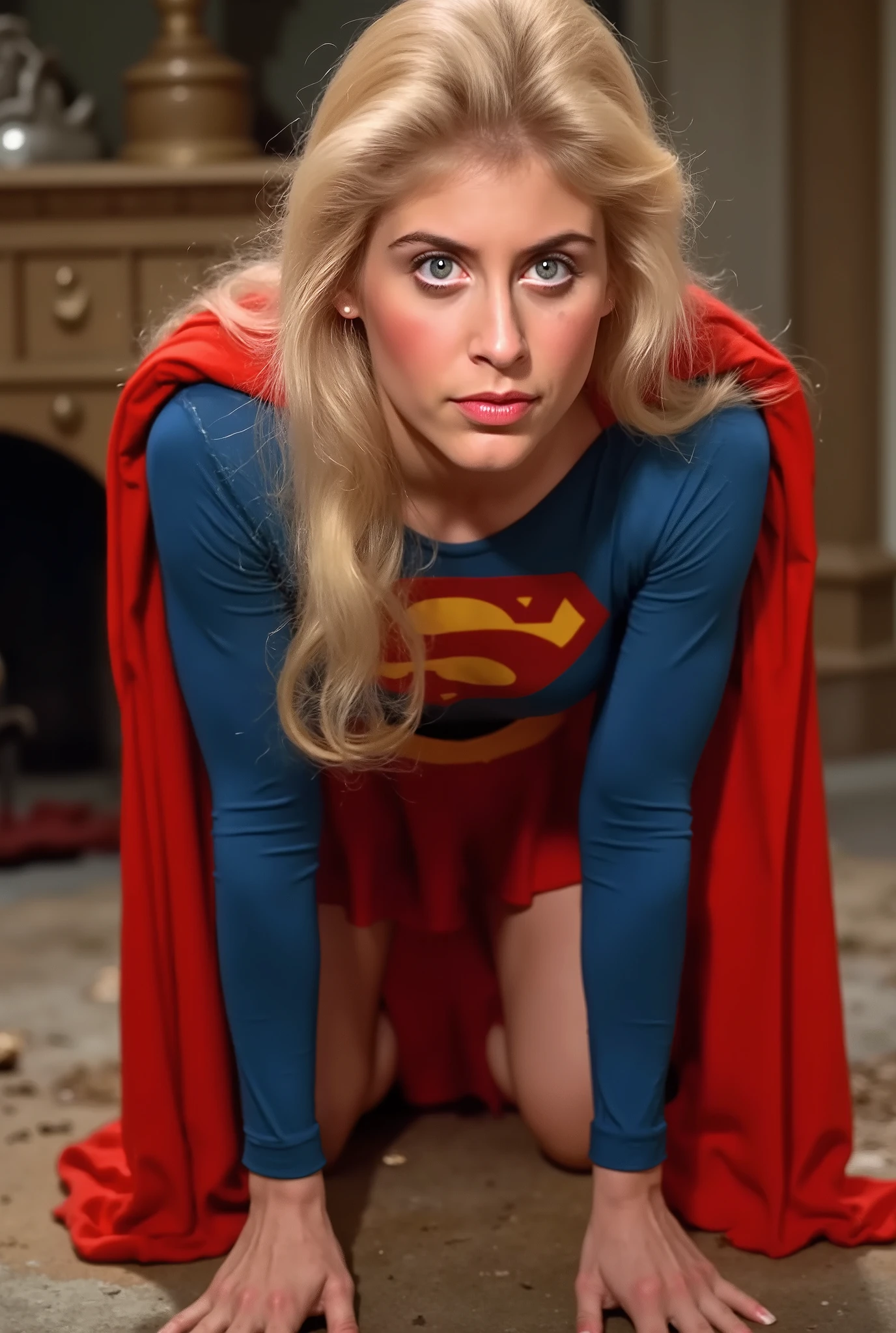Helen Slater . blue eyes BLONDE HAIR (Supergirl) A VERY SEXY Helen Slater AS Supergirl WITH blue eyes AND LONG HAIR, WEARING A Supergirl COSTUME AND CAPE. High Definition 4K Rich Color, Learn more about 8K. blue eyes. close your eyes, Hands are standing on all fours on the floor. HER Supergirl BOOTS FIRMLY PLANTED.