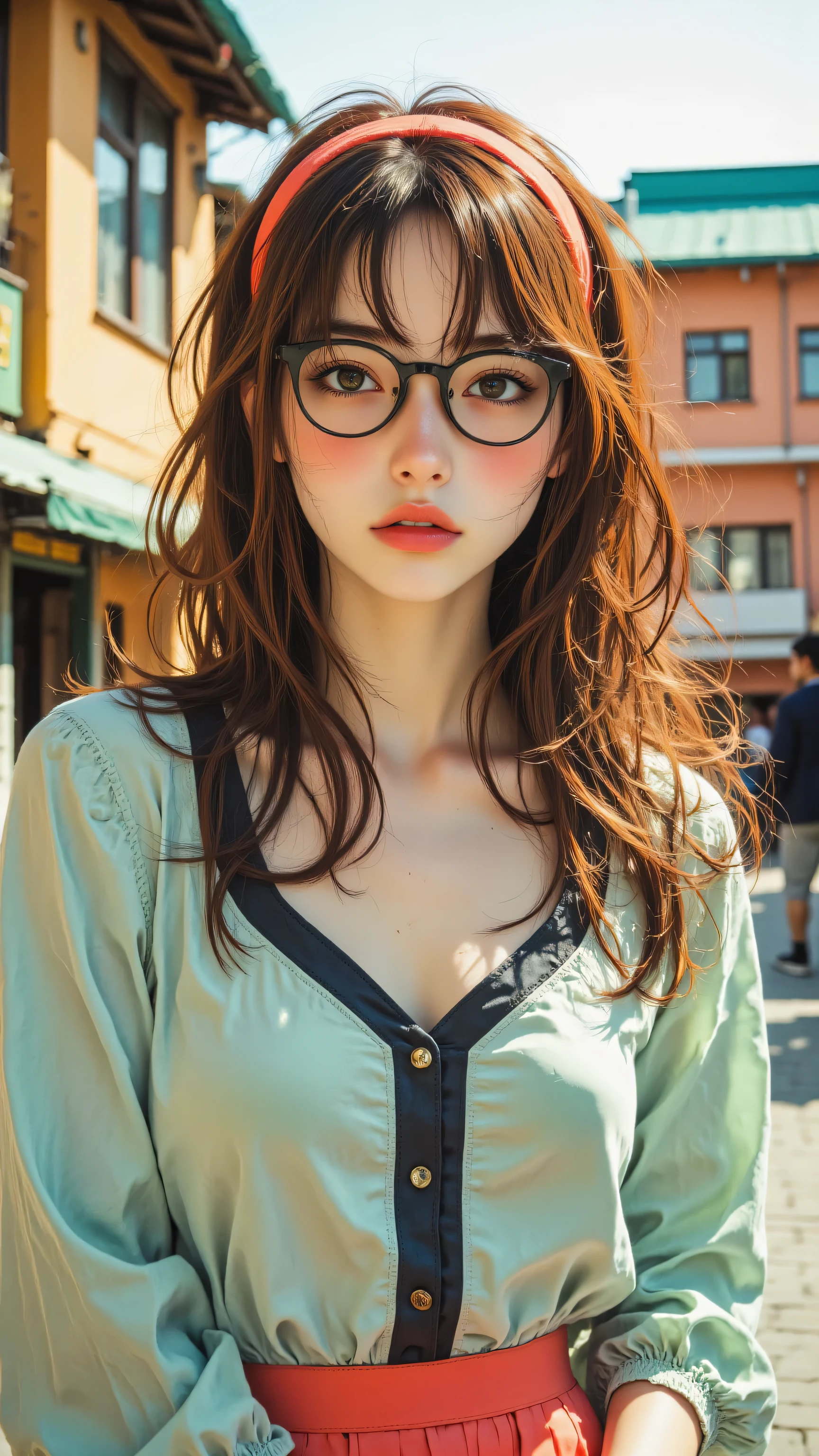 8k, Masterpiece, Top Quality, Eye-level viewpoint. Fair skin, reddish-brown hair, soft waves, dark-framed glasses, serious expression, reserved demeanor. Mint-green blouse, dark collar trim, coral skirt, coral headband. Hands clasped, frontal pose. Teal roof, orange-yellow building, multiple windows, street setting.