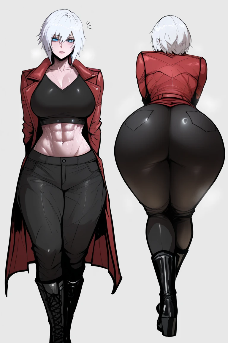 A tall woman with square orange hair, brown eyes, pink lip, and wears a long-sleeved red shirt, wears a black glove, and underneath, bright red thin pants, and a huge sexy back, and wears a long black boot. 