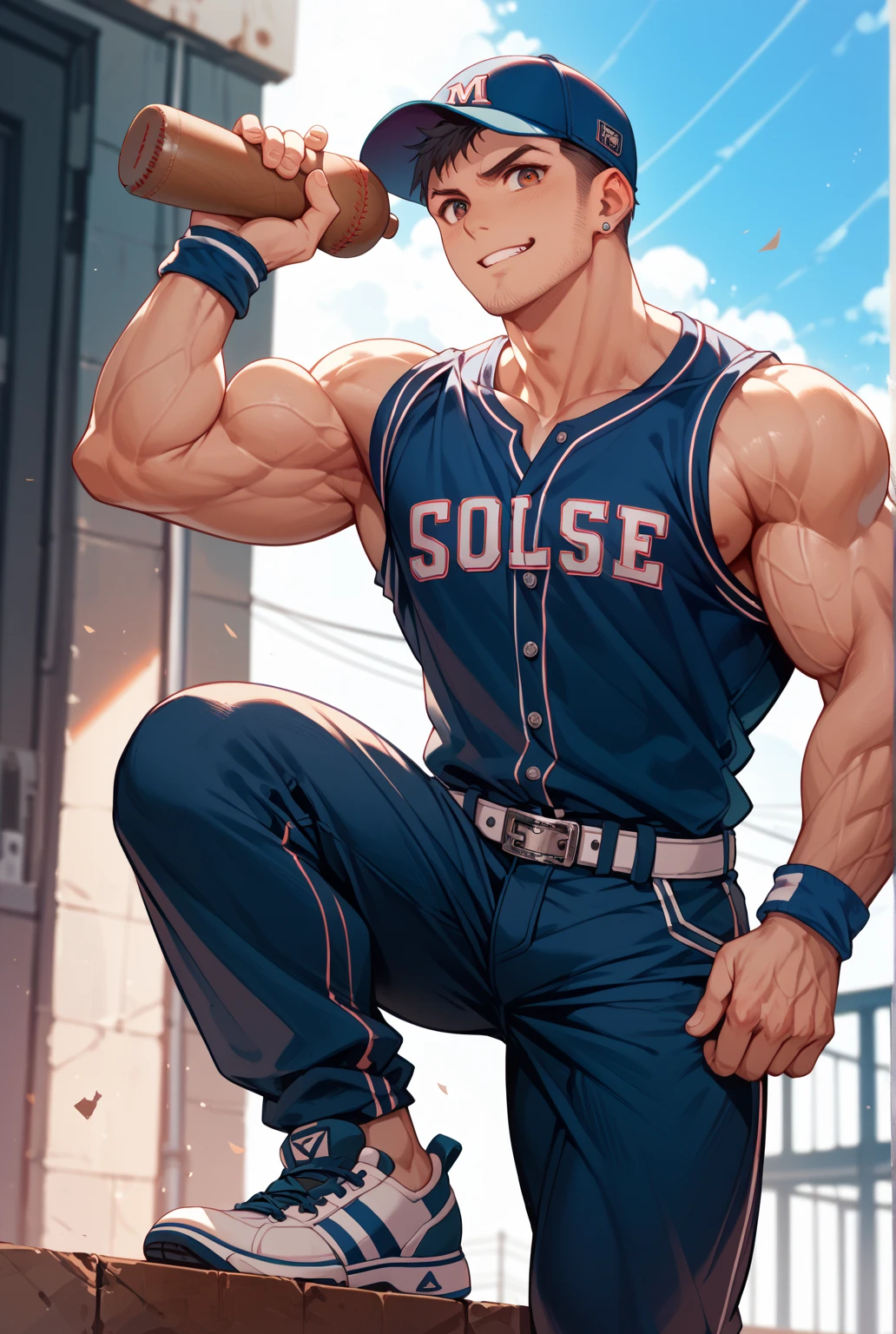 score_9, score_8_up, score_7_up, score_6_up, rating explicit, focus male, source anime, yaoi, cowboy shot, low angle, cinematic angle, motion lines, motion blur, spoken, sfx, final fantasy, final fantasy vi, (sabin rene figaro):1.2, 1boy, :3, bare shoulders, blonde hair, blue eyes, blue shirt, crossed arms, earrings, facial hair, jewelry, male focus, muscular, pants, rock, shirt, sitting on floor, detailed bulge, big bulge, smile, waist sash, sunny, sunrays, sweat, glossy skin, amazing quality, best aesthetic, absurdres, year 2023 <lora:PonyQuality_V3.3:1> <lora:FujimotoLycoXLV2:1> <lora:danzi:0.6> <lora:NAI Smooth Boys Style SDXL_LoRA_20r_20e_8i_nr32_a16_Pony Diffusion V6 XL:0.7>