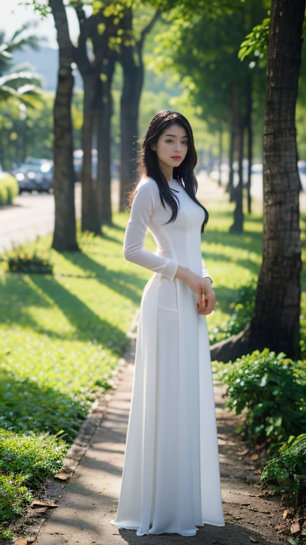1girl, aodai white, photo art, (flower), <lora:aodai_SDLife_Chiasedamme_v3.0:0.62>, a stunning photo with beautiful saturation, ultra high res,(realistic:1.4)),deep shadow,(best quality, masterpiece), pale skin, dimly lit, shade, flustered, blush, highly detailed, skinny, BREAK depth of field, film grain, wrinkled skin, looking at viewer, knee, warm smile, (upper body), masterpiece,ultra realistic,32k,extremely detailed CG unity 8k wallpaper, best quality, (full body:1.4)