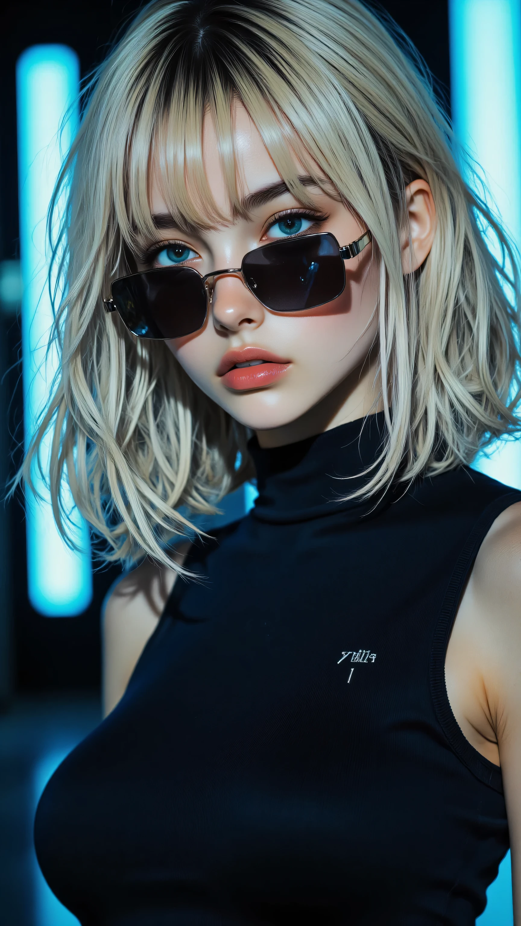 8k, Masterpiece, Top Quality, Close-up, bob, blonde, straight, sunglasses, angular, minimal, sleeveless, dark, black, navy, cinched, silver, clasp, detail, black, electric blue, neon, dynamic, looping, blurred, futuristic, otherworldly, LUXURY