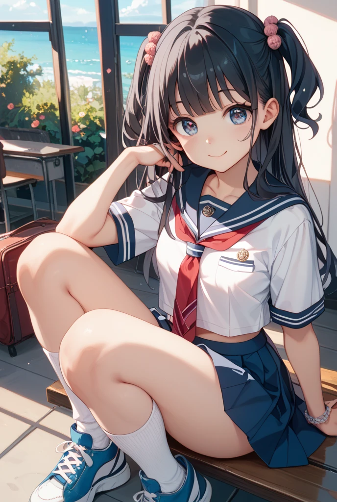 very cute and beautiful girl,(Very detailed美しい顔), (smile),blush,Black Hair,Seraphim,(White Shirt、Pleated navy blue pread your legs、Squat)、Sitting、(From below)、(Lacy white panties), Country road、Distant Tree々and the city, (Highest quality,masterpiece:1.0),Absurd,High resolution,Super detailed,Very detailed,32K,8k resolution, Intricate details,Movie Scenes,Detailed Background,alone,Dynamic Angle,