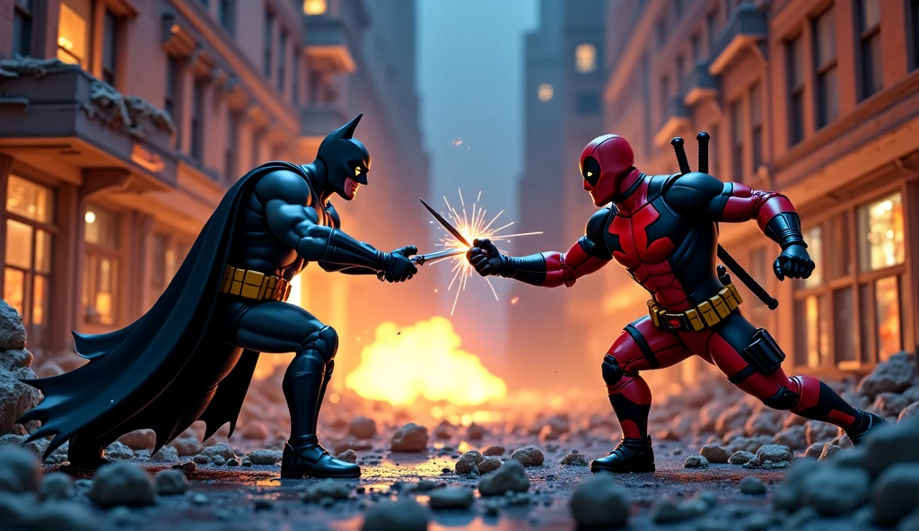Wolverine fighting Deadpool and behind him fighting Batman and the Joker