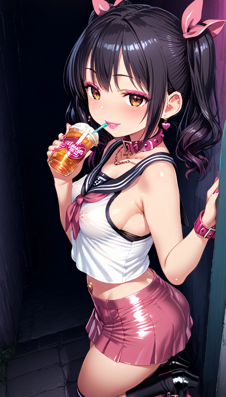 1girl, jirai kei,pien, over Knee socks, tiny skirt, Black Hair, Twin tails, pink skirt, collar, bow, black Knee socks, Black footwear, black bow, Long Hair, pink bow, hair bow, spiked collar,  Heavy makeup, very large breasts, Very big ass, Very thick thighs, prostitution, Sexual smile, drinking, barker, NTR, netorare, akuochi, corrupt, papakatsu, enkou, video letter, heart in eyes, loves face, Eyeshadow, lipstick on lips, glowing lips, covering own eyes, masterpiece:2, best quality, beautiful, ultra detailed, insanely detailed, hyper detailed, high quality, exquisite, highres, Top Quality, Very Detailed, ultra High Resolution, super High Resolution, Beautiful Detail, FHD, 4K, 8K, absurdres, dynamic angle, perfect lighting, Anime Style, cartoon style, hentai, kawaii, lo, score_9, score_8_up, score_7_up, score_6_up, score_5_up, score_4_up, nsfw, satou kuuki style,