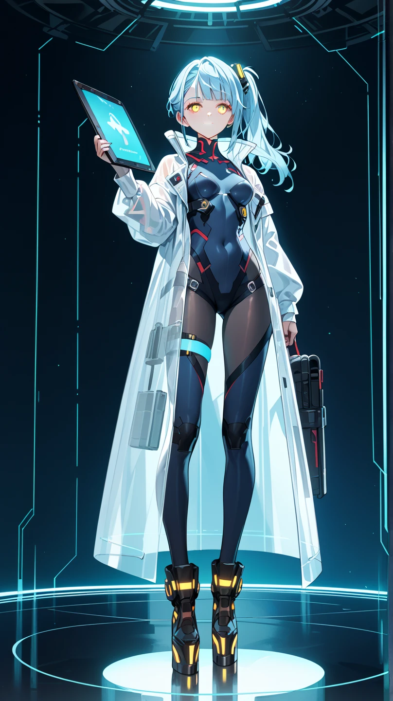The image shows a young woman with long dark hair, dressed in a combination of futuristic and high-tech clothing. 

### Suit Details:
- **chest**: In the center of the chest there is a luminous circular design with multiple colors (mainly green, blue, and red), which appears to be a power source or device. It is surrounded by luminous line patterns in various colors.
- **shelter**: He wears a long light-colored coat (white or light gray), which is open and reveals the luminous device on his chest. The coat has a modern and elegant design, with large flaps and visible buttons.
- **Bottom**: under the coat, He wears a tight black suit that covers his torso and legs.. This suit seems to be made of a resistant and technological material, with patterns of luminous lines running across his body from the device on his chest to his legs.
- **Boots**: The boots are black, high, and robust, combining with the fitted suit. They have a modern and futuristic design.

### expression y POSTURE:
- **expression**: His expression is calm and confident., with a slight smile and eyes that look forward.
- **POSTURE**: She is standing, with a relaxed but firm posture. A hand is raised and resting on his head, while the other appears to be slightly holding the coat open.

The overall design of the image is high-tech and futuristic, combining modern fashion elements with advanced technology. Luminous, multicolored details on the chest device and suit patterns suggest a figure equipped with advanced technology and possibly special powers or abilities in a futuristic setting..