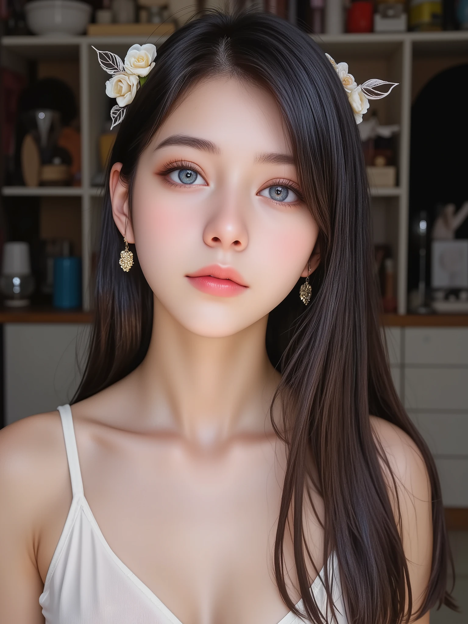 A Girl, Beautiful Eyes and Long Hair. Indoors or Outdoors, Ethereal, Reality, blue eyes, whimsical, Sensibility, Exquisite Face.