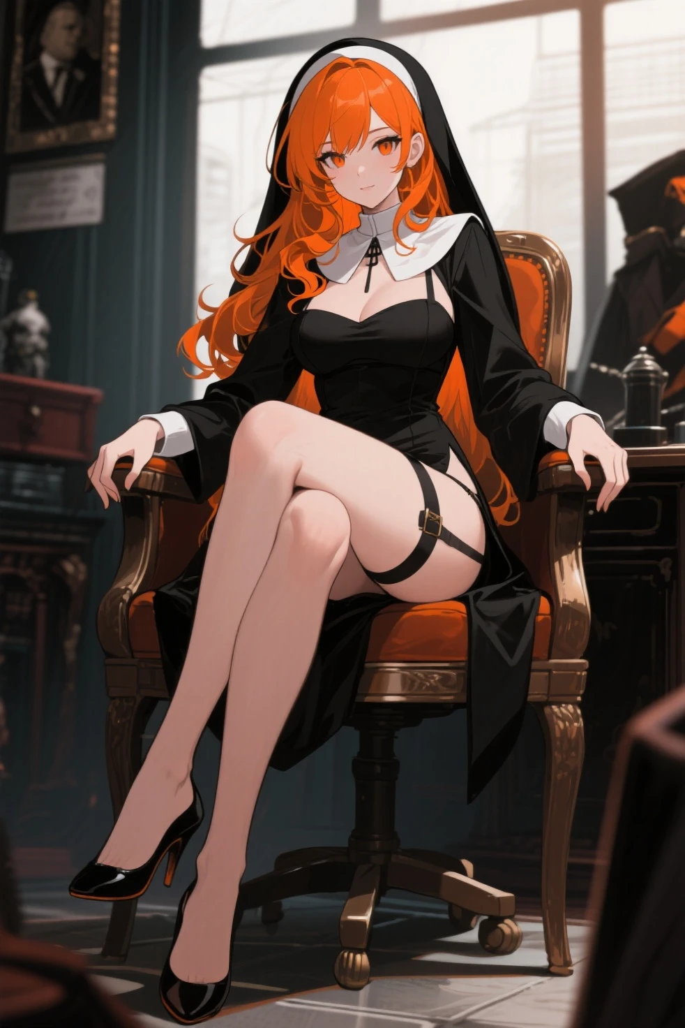 masterpiece,best quality,1girl,red hair,long hair,green eyes,extremely long thick hair, high heel boots,hourglass figure, high heels,black dress, veins, massive muscle,