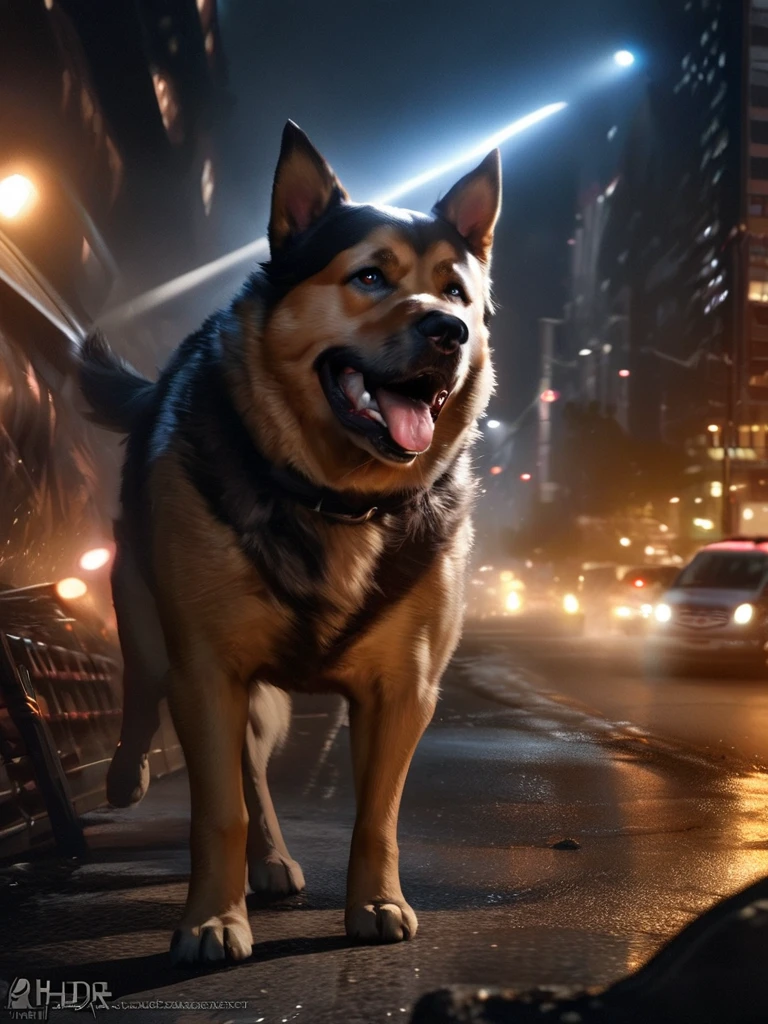 A dog dressed as Monica Rambo,The Face Is a Dog,Bipedal,,Cityscape in the background,Cinema Lighting, Very detailed, 8k, Realistic, Studio Lighting, Intricate details, Dynamic pose, Shiny metal texture, Glowing repulsor effect, Atmospheric fog, Vibrant colors, Dramatic Shadows, Volumetric lighting