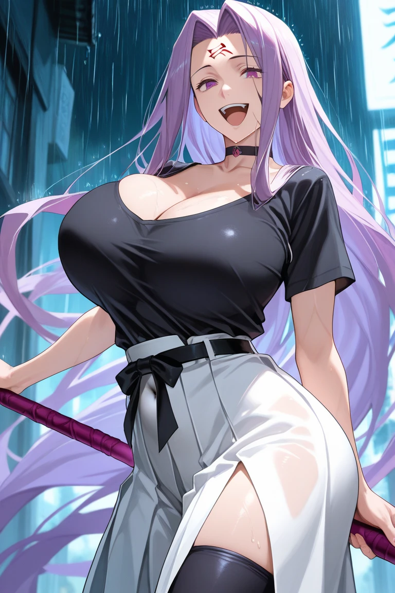 A beautiful adult woman with lilac hair, big breasts, and beautiful legs is wearing a tube top and a suit skirt, showing off her lilac panties and standing with a blush on her face.。
