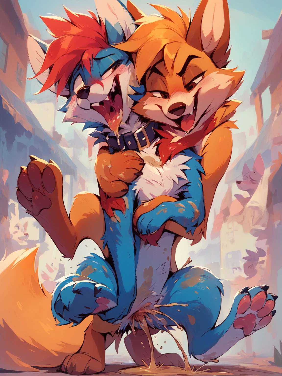 ancesra
dust:_an_elysian_tail
dust_(elysian_tail) fidget_(elysian_tail)
bat canid canine canis mammal wolf
1:1 2023 english_text hi_res
3_toes anthro arm_tuft blue_body blue_fur blue_hair blush cape cheek_tuft chest_tuft clothed clothing countershade_torso countershading daww duo ears_through_headwear elbow_tuft exclamation_point eyes_closed facial_tuft feet female flying fur gloves_(marking) grey_background hair hat hat_over_eyes head_tuft headgear headwear hindpaw holding_chin kemono kiss_on_lips kissing larger_male male male/female markings membrane_(anatomy) membranous_wings orange_body orange_fur paws simple_background size_difference smaller_female spots tail text toes tuft white_body white_fur white_paws white_spots wings