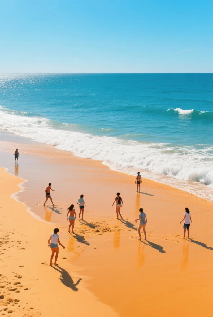 create an image with many peoples that dance on the beach at sunset