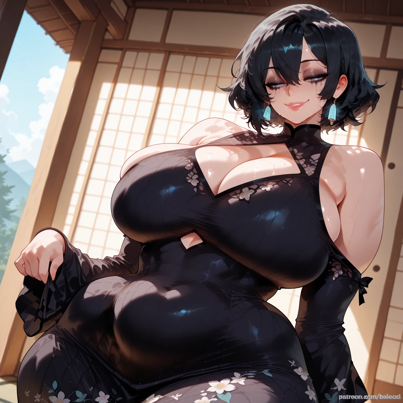((Highest quality)), ((masterpiece)), (detailed), 
((huge breasts:1.4))
((Very thick thighs:1.4))
((Very fleshy young woman:1.4))
(Tall)
(Cleavage)
(Black ponytail hair)
Blue eyes 
Standing
(((Shoot from front))
(((photograph the whole body)))
((Black tight dress))
(sleeveless)
Japanese 
Night 
tatami mat