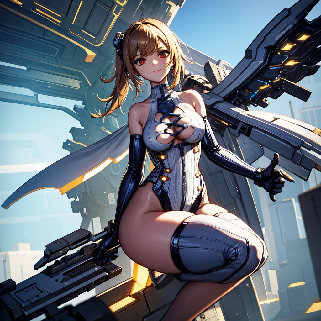 stylish pose, dynamic angle, spread legs, (love happy orgasm face, NSFW, topless bare small middle boobies, uncensored bare pussy:1.6),(masutepiece:1.3), High resolution, ultra-detailliert, the Extremely Detailed CG Unity 8K Wallpapers, Realistic, Photorealsitic, Raw photo, beautifull detailed face, pale skin, realistic glistening skin, Detailed Cloth Texture, detailed hair texture, Perfect body, Beautiful face, precise, Anatomically correct, Highly detailed face and skin texture, Natural neck length, (Beautiful hands), (Fair skin:1.2), thin legs, Thin feet, BREAK, Detailed eyes, symmetrical eye, Light brown eyes, Double eyelids, Thin eyebrows, (Glossy lips:1.4), (gently smiling:1.2), BREAK, Combat cyborg、Machine body、weapons all over her body、front facing、Headset connected to a myriad of electrodes、((Red bodysuit))、((tight fitted))、nffsw、Under maintenance、A dark-haired、Brown hair、silber hair、a blond、Blue-haired、blue eyess、Brown-eyed、red eyeechanical joint:1.4)、((Limbs of the machine))、(Blood vessels connected to countless tubes)、((Vertebrae of a machine attached to the back))、((Mechanical cervical spine)Attached to the neck) (medium large breasts, Slender figure, Firm abs, firm breasts:1.1), Beautiful collarbone, (Blonde hair, Wavy Hair, Long hair:1.2), ((asymmetrical bangs:1.2)), (Cowboy Shot:1.2),