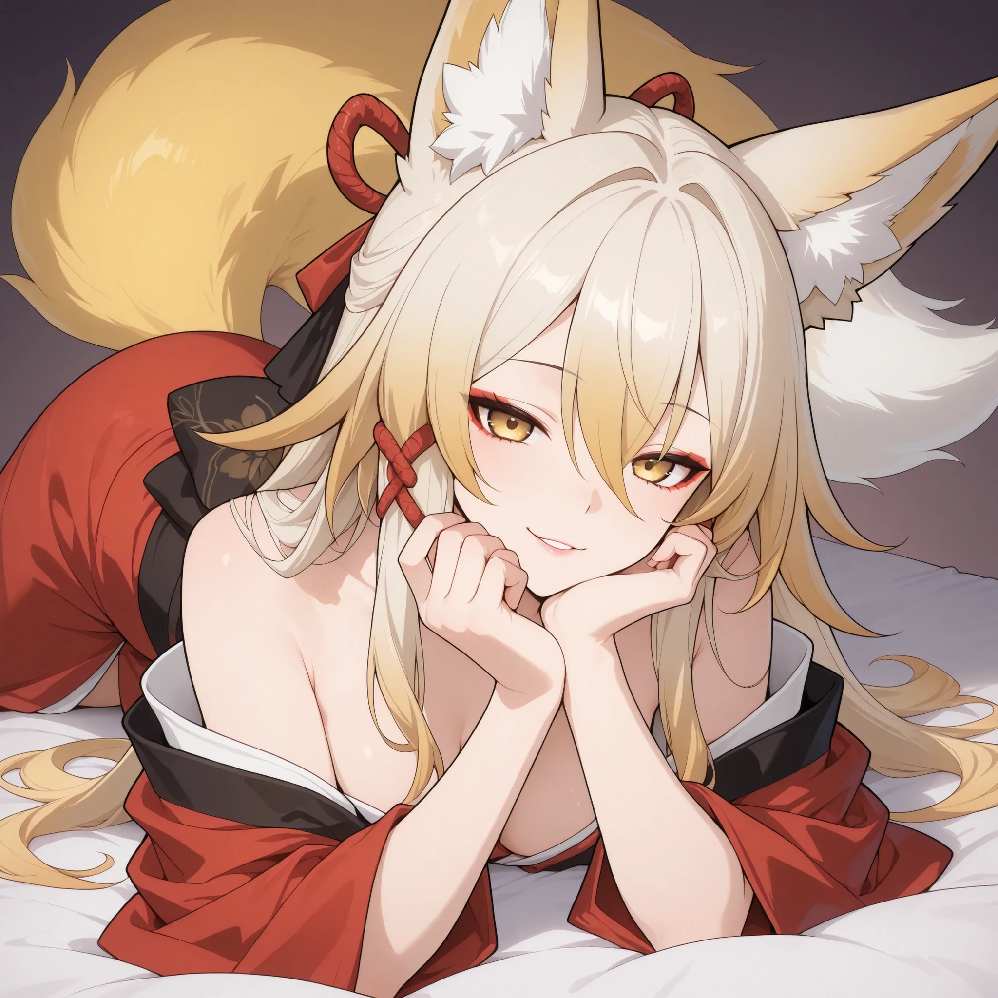 Fox girl, pale-blonde, Renard, Fox tail, Beautiful, Long Hair, (Rosy gradient on hair), Golden Eyes with purple shade, red kimono, cheeky, hair ribbon, alluring,, cunning, sly, laying on bed , expression, Kitsune make-up, kitsune, mature, eyeliner, pale hair, dressed