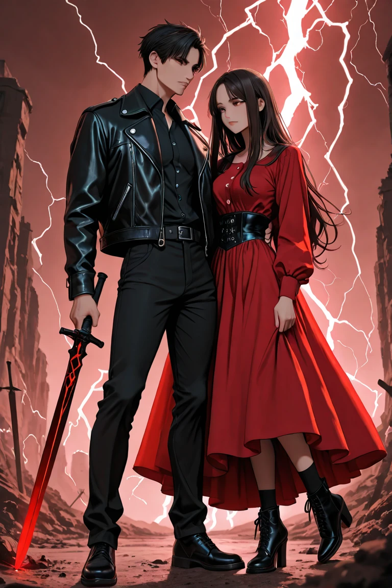 A tall, 190cm muscularly lean 19 year old man with messy curly black hair, a sharp jawline, sharp eyes, red left eye, green right eye, wearing a white cloak and carrying a short, 150cm muscularly lean and slim 19-year old girl with really long silky black hair, big blue eyes, plump cheeks, a sharp jawline, big breasts and muscular forearms and calves, wearing a black hoodie. Holding weapons, in a war. Couple. Smiling. 