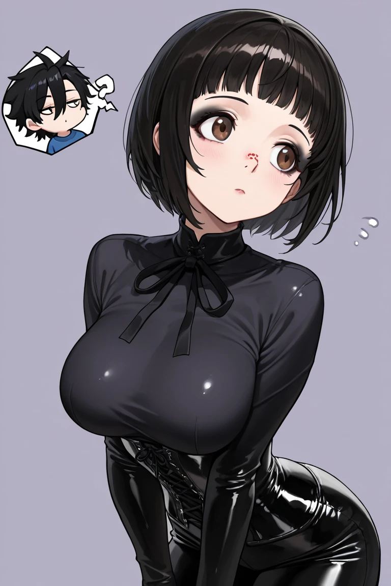 Girls hugging each other2people then Get your neck licked Sweat beautiful girl Black Hairの Shoulders out,blue eyes, Black Hair, Spiked Hair,Shortcuts, Big Breasts, Frowning,blush,((Black tight suit:1.4)), Hotel Rooms,Embarrassing,shy,Please open your mouth wide,