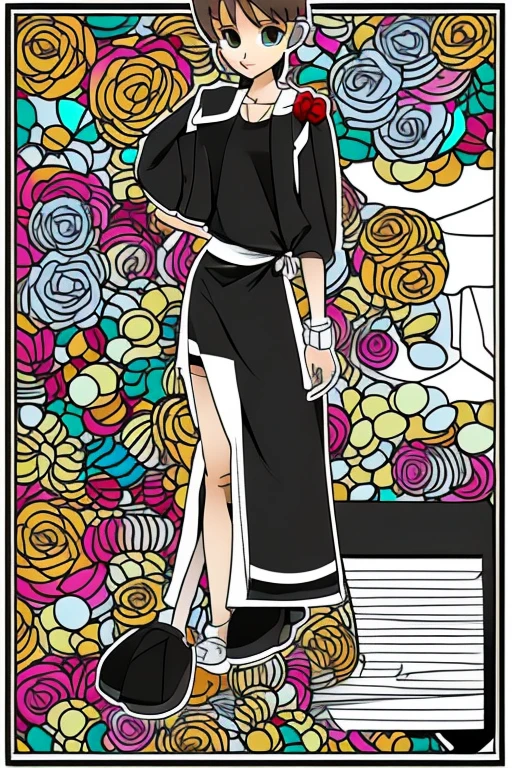 Semi chibi style female character design for animation. Includes 4 views: polyhedron, tilting, back and 3 corners/4. Long black curly hair, slightly tangled, tie a bow on one side. amber eyes, playful look, blush , pastel eye halo. Simple and highly recognizable outfit: wide black sweater with red notebook pocket, pleated black skirt, silver armband, black gloves open fingers on one side, silver cord sneakers. Simple drawing, light shade, clear sheet layout on white background. No background or intricate detail. Suitable for animation reference.