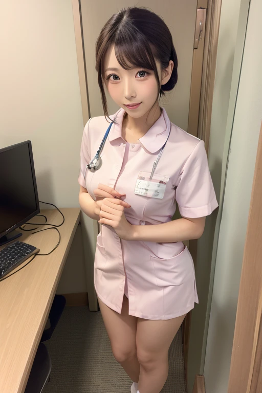 (3Girls)、(Beautiful Japanese、18years old,round face、Refreshing、clear、seems kind、stylish、Pitiful、cute like an angel、cute、black eyes、,actress,Almond-shaped eyes), Good style , (Beautiful big breasts:1.2),(soft breasts),(very cute),(Black hair),(short bob hair),(enchanting eyes),(highlight on eyes:1.2)、(8K、Live shooting、highest quality、masterpiece:1.2、optimal lighting)、((masterpiece)),(Photo taken by a professional photographer),(real、photo real:1.4),break,{ (White nurse costume),(((taraditional nurse uniform))),(White nurse mini skirt),((White pantyhose)),(cleavage:0.7)},(Smile face),(cheeks are red:1.4), break, break,Hospital,Face shot:1.3、Hospital room、Looking away, face close-up,Dynamic angle