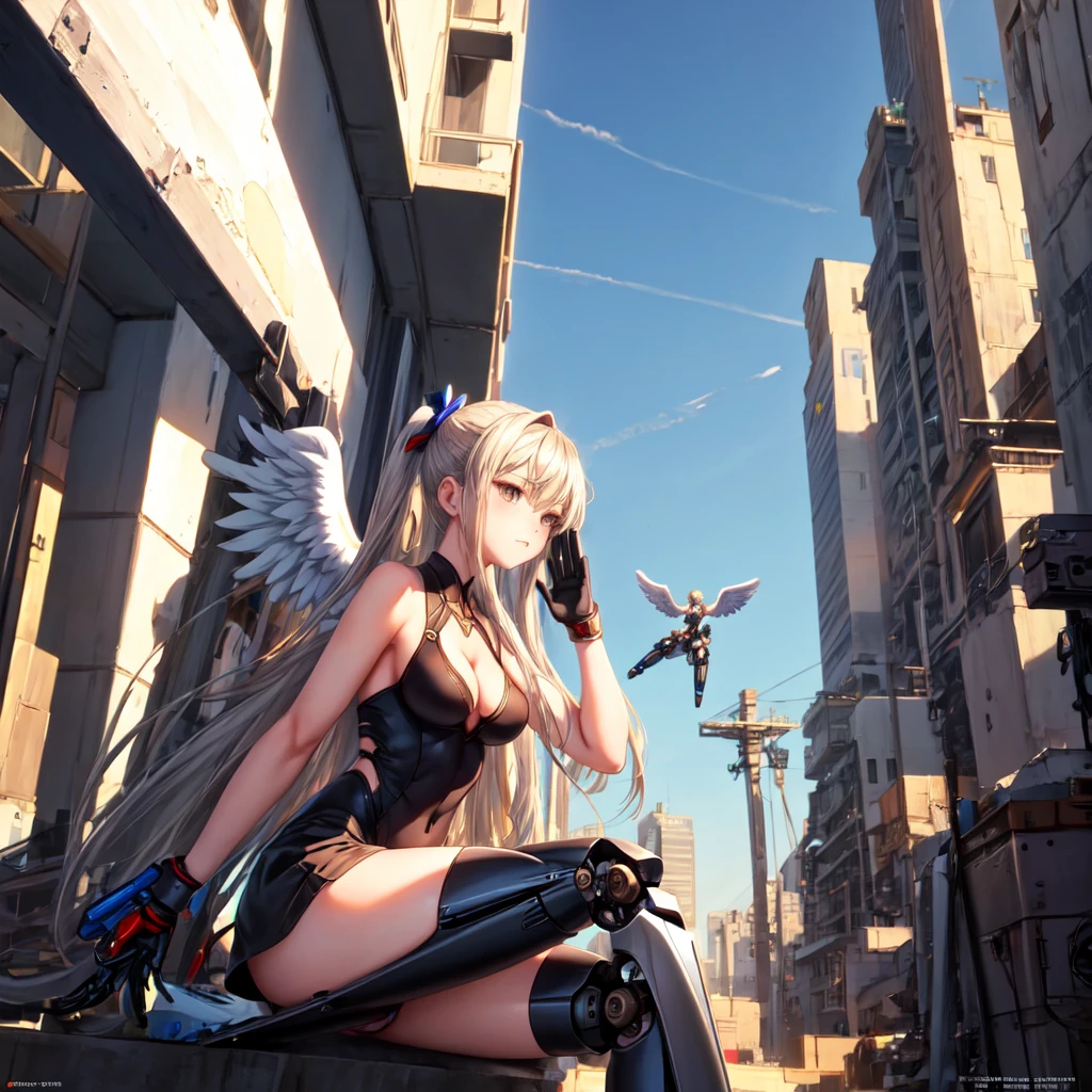 Female angel anime style Dorbach , Mecha Mini Dress 2D, Sitting, Spectators((Highest quality)), ((masterpiece)), (detailed) ((Centered Images))