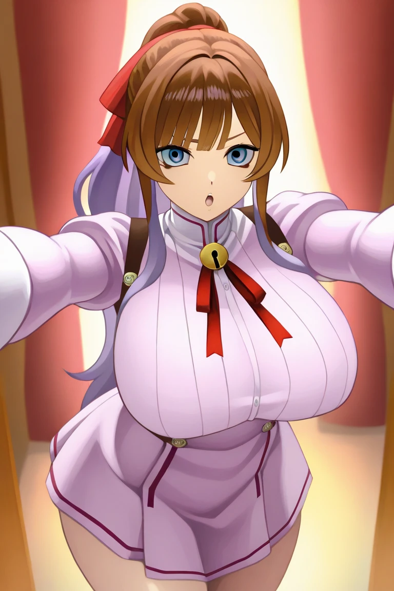 woman, long brown hair, brown eyes, smiling, princess diadem, pink dress, big breast, wide hips, large thighs, anime style, masterpiece, chocker, cute, no cleavage, princess dress, cristal ornaments, white details, modest clothes,