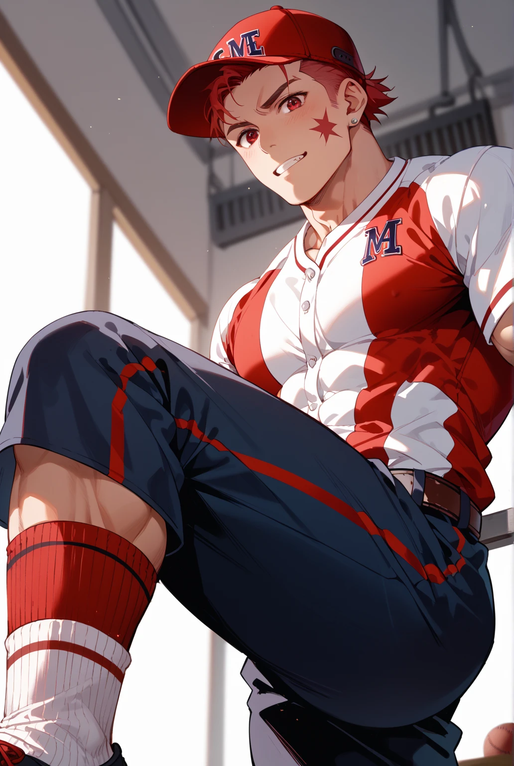 (masterpiece, best quality ), 1man, muscular, short hair, brown eyes, intricate, (locker room) , full body, white baseball uniform, open red jacket, vivid colors,(depth of field:1.2),(abs),blush, looking at viewer, on floor, spread legs, leaking, dripping