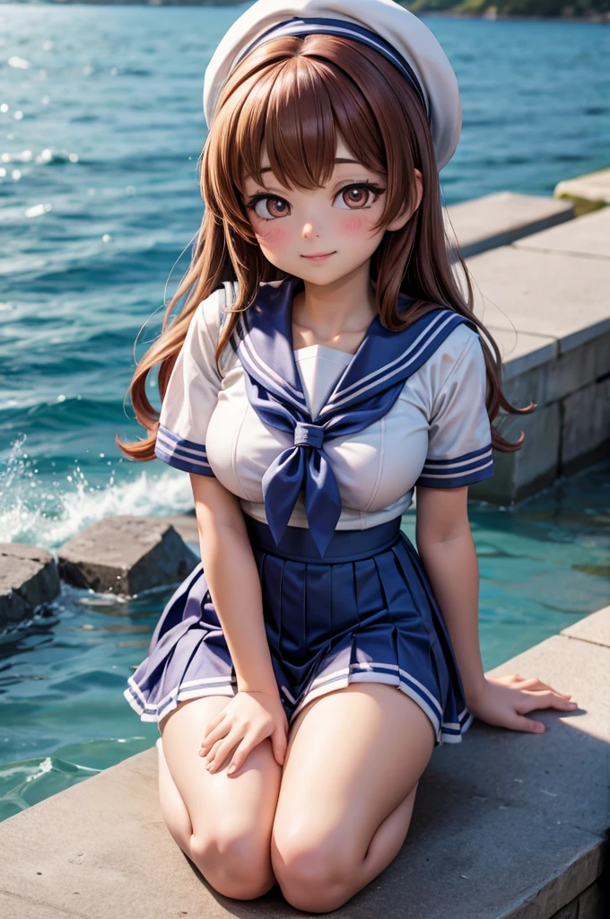 1 lady, HD quality, anime, solo full body shot, (sitting with hands back:1.3), (open legs to limit:1.5), (with one knee up:1.3), showing pubic area:, (under boob:1.6), Large breasts, (cleavage), shiny skin, smiling, (thin thighs:1.3), (Sailor uniform only for the upper body:1.5), (Crop Top sheer white shirt:1.5), (sleeveless:1.6), without brassiere, (sheer white tiny micro thong:1.5), poolside, (Green detailed eyes), blue sailor collar, red ribbon tie