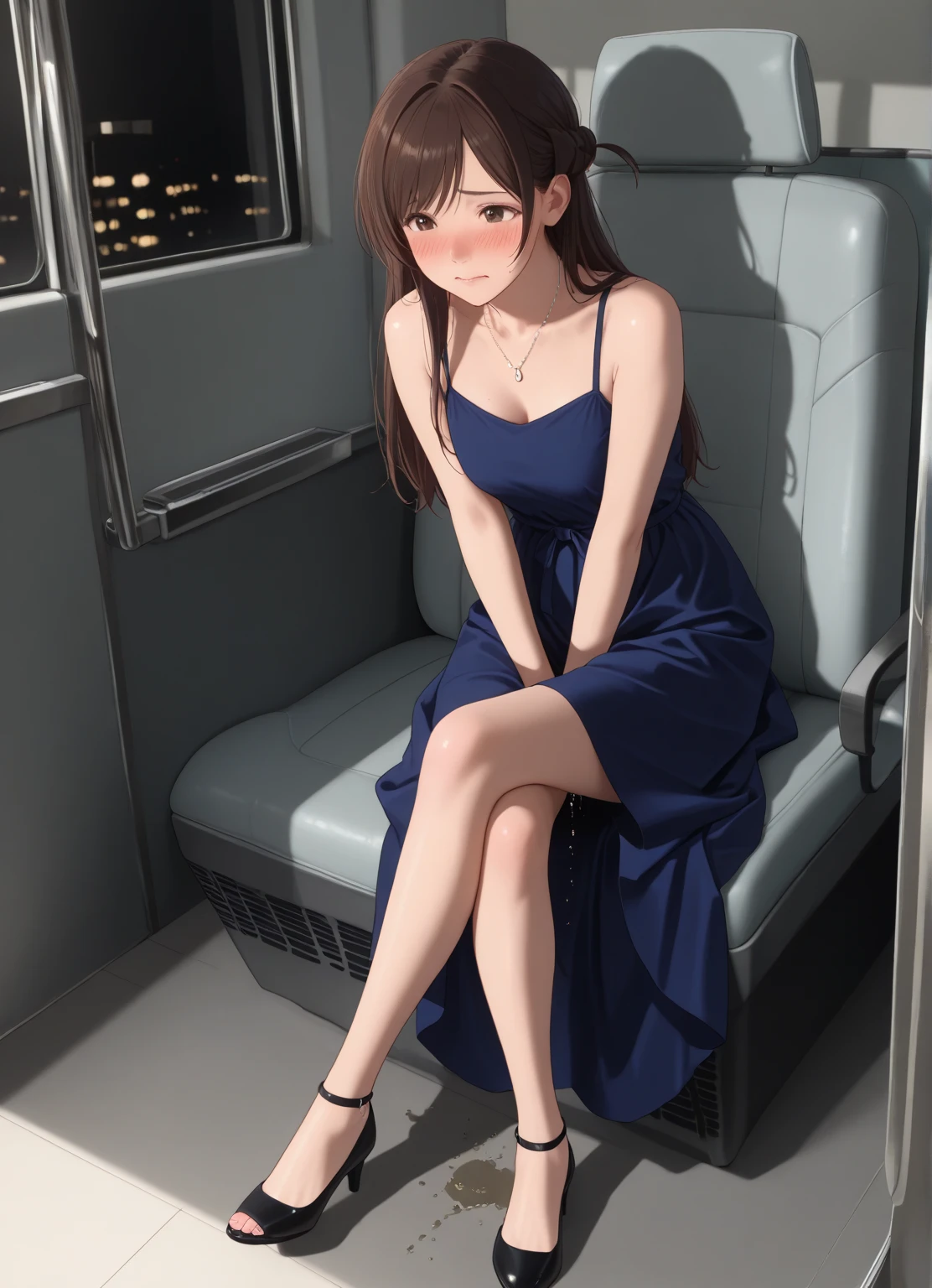 masterpiece, best quality, very aesthetic, absurdres, 1girl, ,white dress,Camisole dress,long legs,beautiful legs,high heels,,in subway,,floating_clothes,