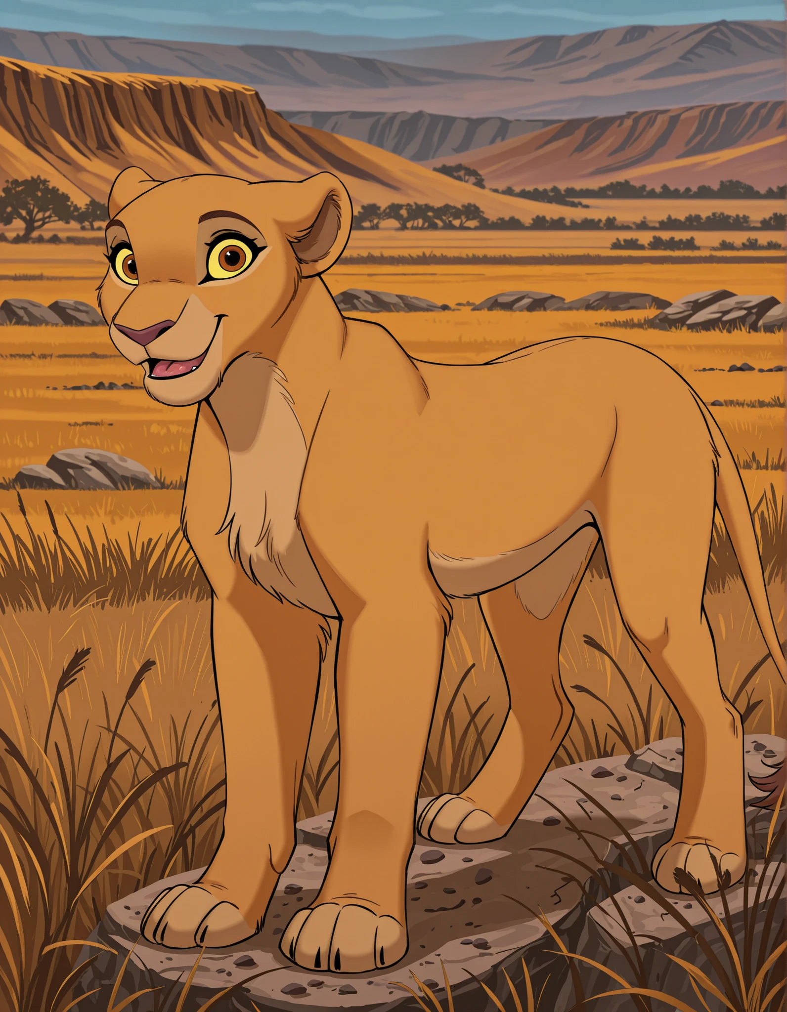 Kiara, Reddish-brown eyes, Yellow sclera, (solo:1.3), best quality, highly detailed, detailed fur, detailed background,
Solo, Furry, female, feral, lioness, Kiara, reddish-brown eyes, yellow sclera, smile, open month, tongue, tail, looking at viewer, savannah, rock, savanna