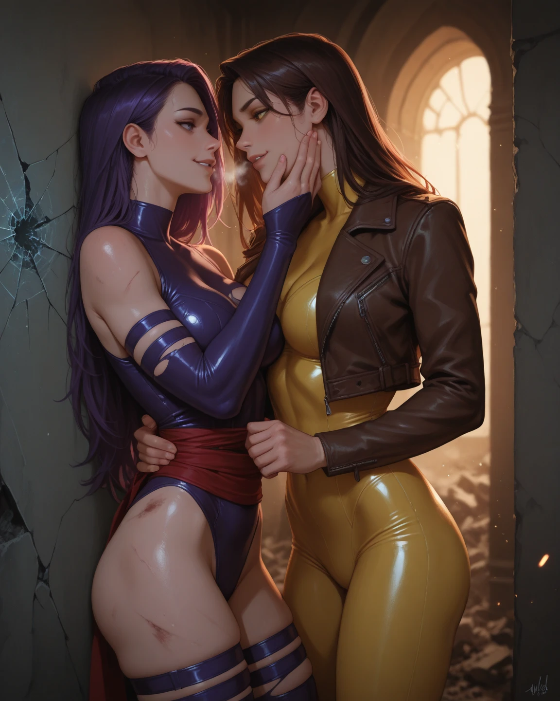  2 Iranian tanned hugging kissing touching together muscular body long thin waist medium breasts medium buttocks curly hair short lilac maya torn