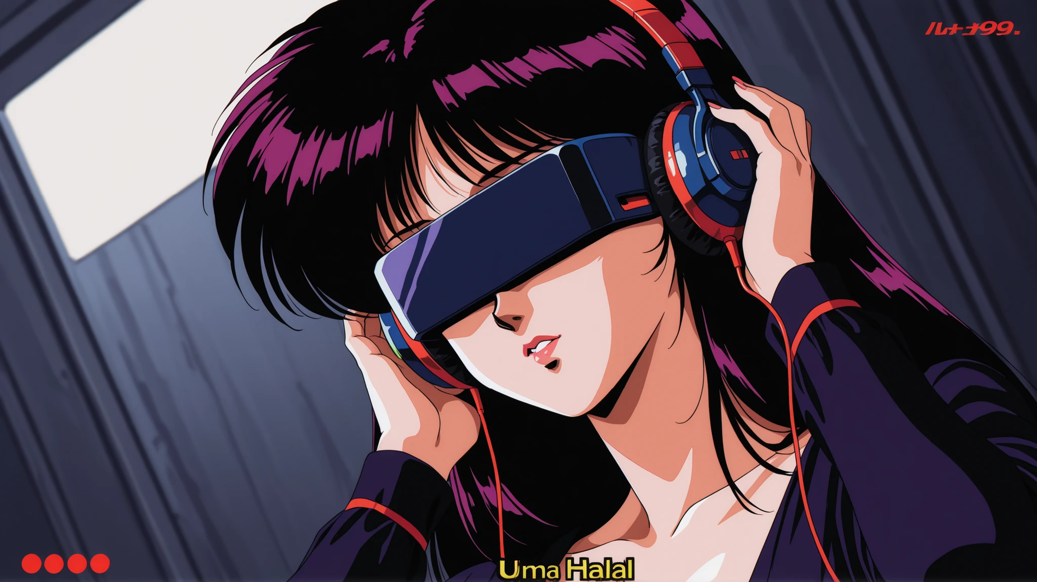 woman using headphones and retro virtual reality in a dark hall, dark style retro 90s