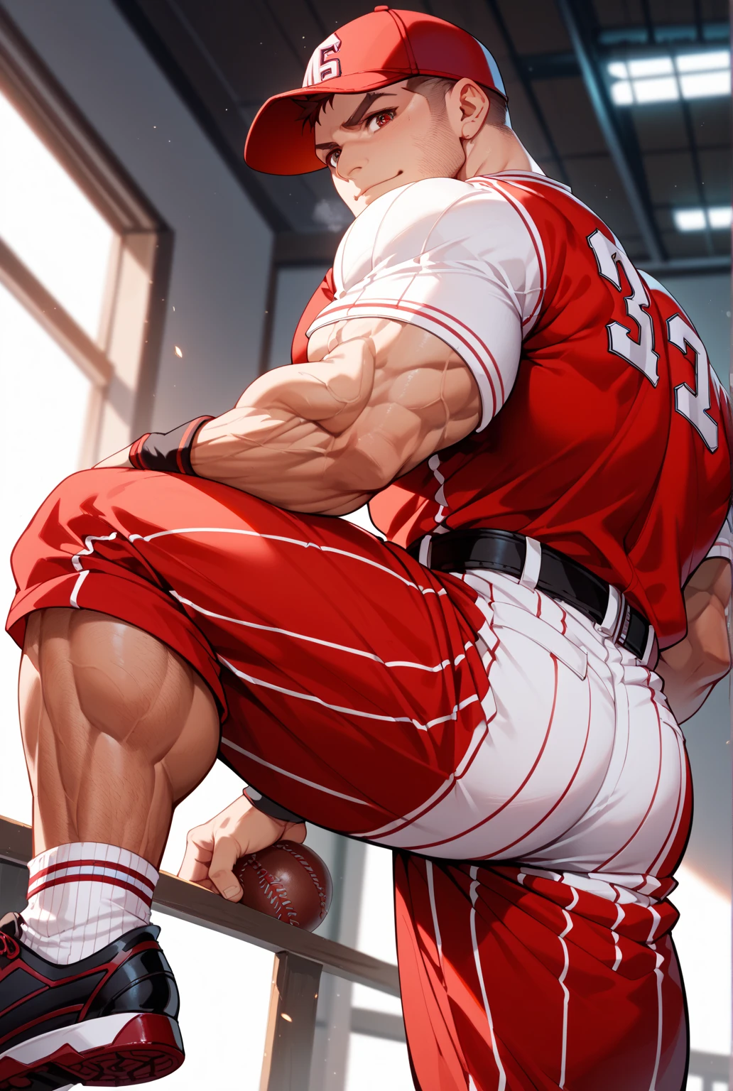 (masterpiece, best quality ), 1man, muscular, short hair, brown eyes, intricate, (locker room) , full body, white baseball uniform, open red jacket, vivid colors,(depth of field:1.2),(abs),blush, looking at viewer, on floor, spread legs,