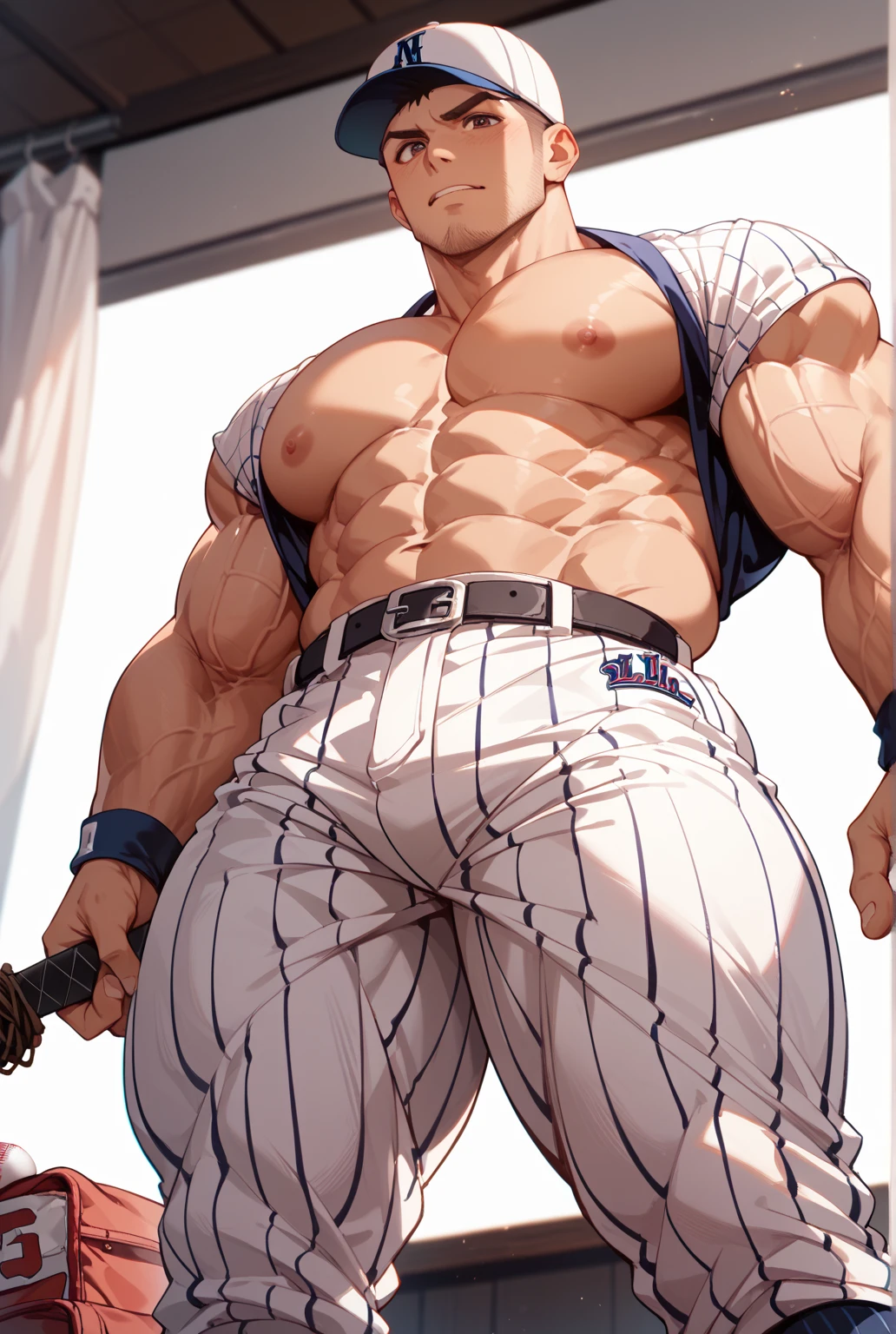 (masterpiece, best quality), 1man, musculous, short detailed hair, with brown eye, complex, (dress room), full bodyesbian, White baseball uniform, Open dark gray jacket, vivd colour,(depth of fields:1.2),(abs),Be red in the face,looking at viewert,A piano,spread their legs,