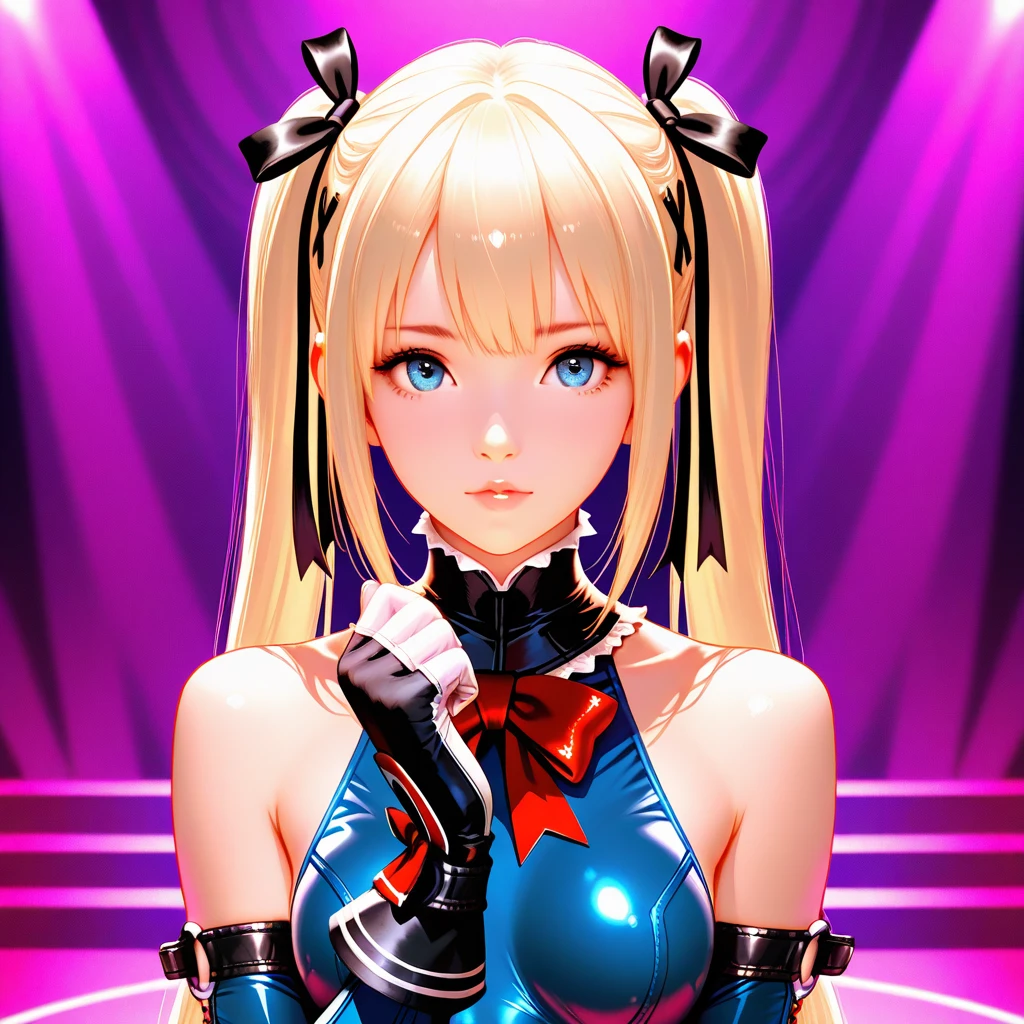 otonose_kanade, hololive, 1girl, solo,
blonde_hair, long_hair, red_eyes, side_ponytail,
cute,
looking_at_viewer, :o,
bodysuit,
stage, stage_lights, stage_curtains,